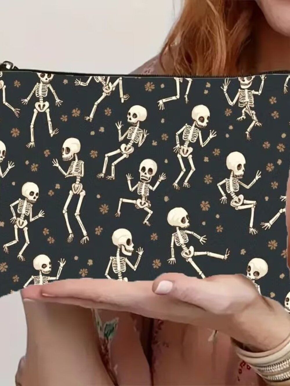 Halloween Gothic Dancing Skeletons Makeup Bag Double-Sided 6.3"h x 8.7"w